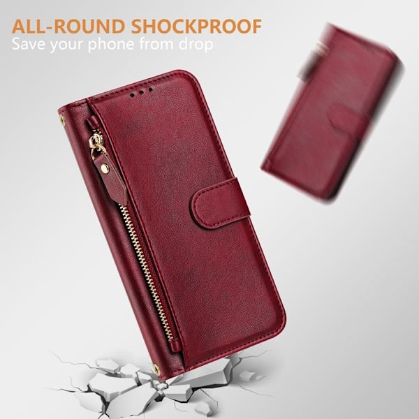 OnePlus 15 Plånboksfodral Zipper Pocket Multiple Konstläder Röd