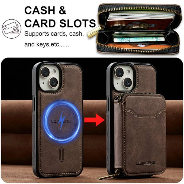 LC.IMEEKE L6 iPhone 15 Plus Plånboksfodral Konstläder - Brun