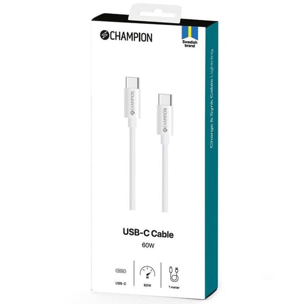CHAMPION USB-C till USB-C kabel 60W 3m - Vit Vit