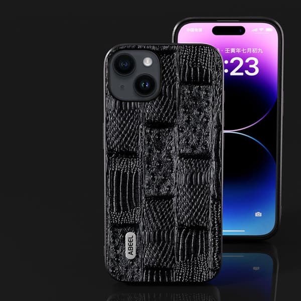 ABEEL Mobilskal till iPhone 15 Plus Mahjong Textur Äkta Läder Svart