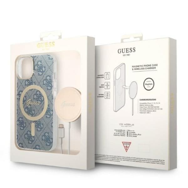GUESS iPhone 14 Plus Magsafe Skal 4G Print + Trådløs Oplader - Blå Blå
