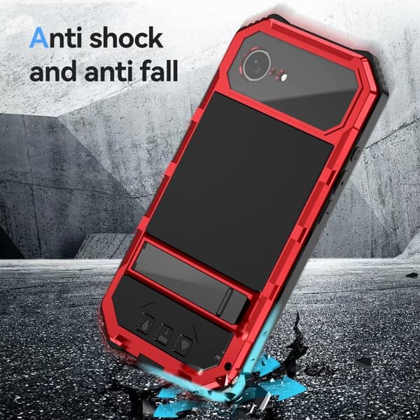 R-JUST Mobilskal till iPhone 16e PC + Silikon + Metall Ställ - Röd
