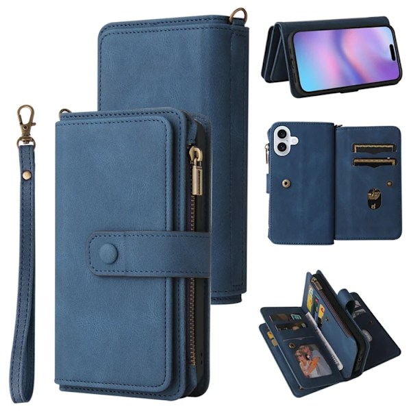 iPhone 17 Konstläder Plånboksfodral Zipper Rem Blå