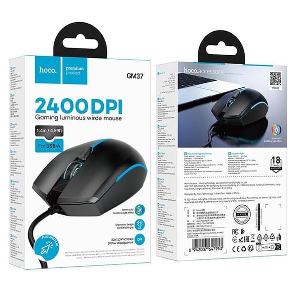 Hoco Trådbunden Mus USB-A 2400 Dpi GM37 - Svart Svart
