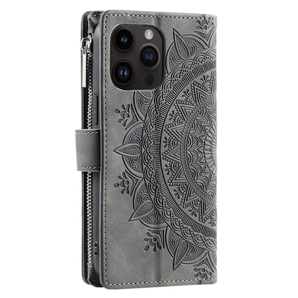 iPhone 15 Pro Max Plånboksfodral Mandala Flower Imprinted - Grå
