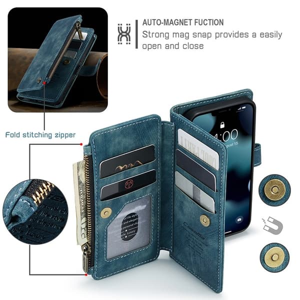 CASEME Konstläder Plånboksfodral för iPhone 13 mini med rem - Grön