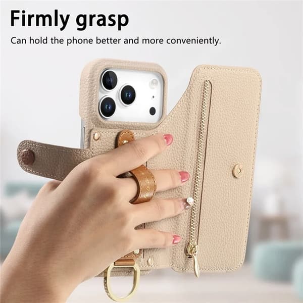 iPhone 17 Pro Konstläder Plånboksfodral RFID-Skydd Zipper - Beige Beige