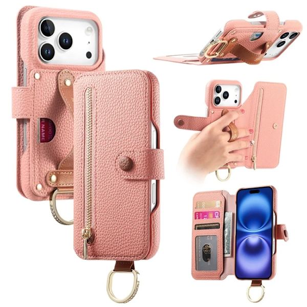 iPhone 17 Pro Konstläder Plånboksfodral RFID-Skydd Zipper - Rosa Rosa