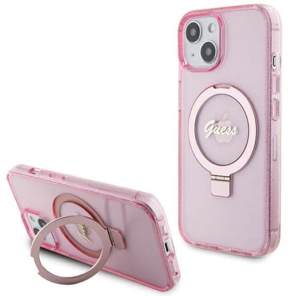 Guess Mobilskal till iPhone 15/14 Plus Magsafe Ringställ Script Glitter - Rosa Rosa