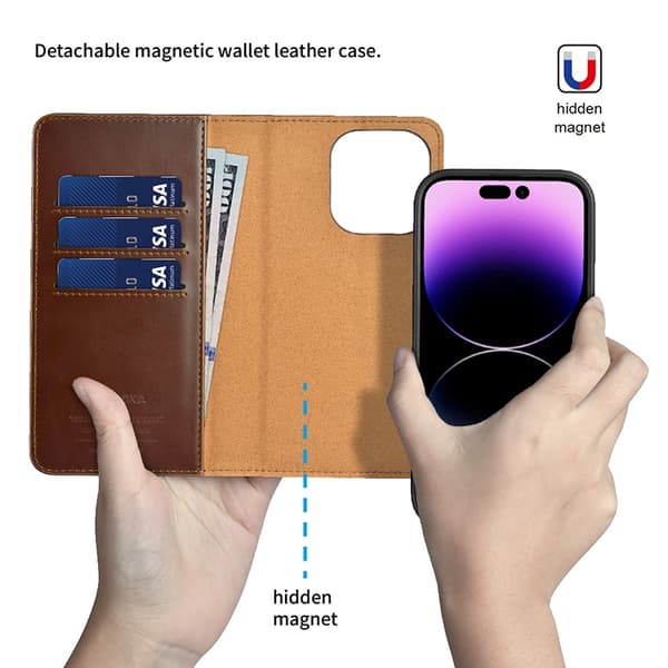 Puloka iPhone 14 Plus Plånboksfodral Magsafe 2in1 Detachable - Brun Brun