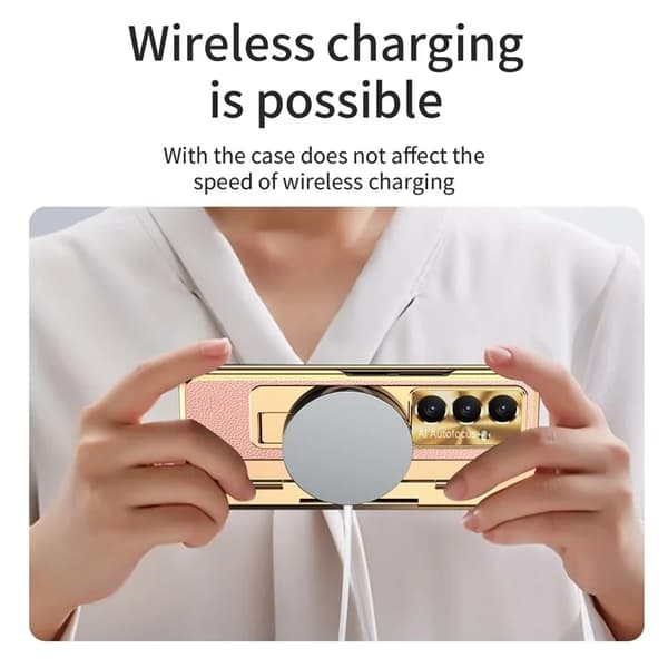 Mobilskal till Galaxy Z Fold7 5G läder + PC Kickstand - Guld+Rosa Guld