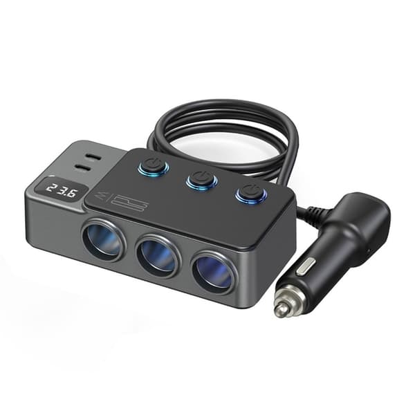 3in1 Billaddare 35W 3x USB-A/2x USB-C Cigarette Adapter 120W Svart