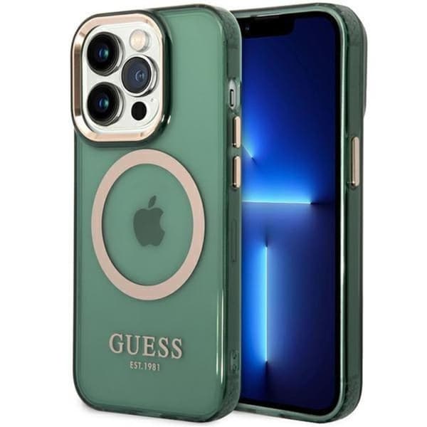 Guess iPhone 14 Pro Mobilskal Magsafe Guld Outline - Khaki Grön