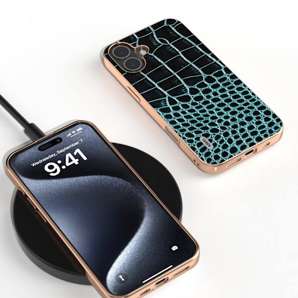 ABEEL Mobilskal till iPhone 16 Plus Electroplating Äkta Läder Grön