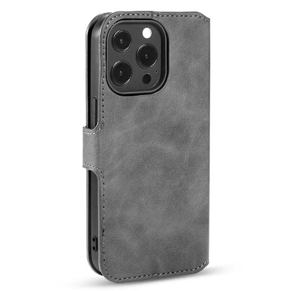 DG.MING iPhone 14 Pro Max Konstläder Plånboksfodral Retro Stil Magnetisk Grå