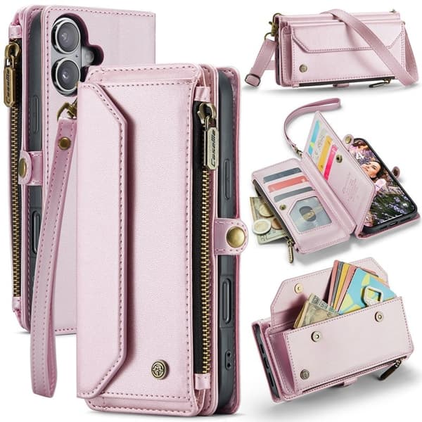 CASEME iPhone 16 Plus Plånboksfodral Konstläder med Dragkedja - Rosa