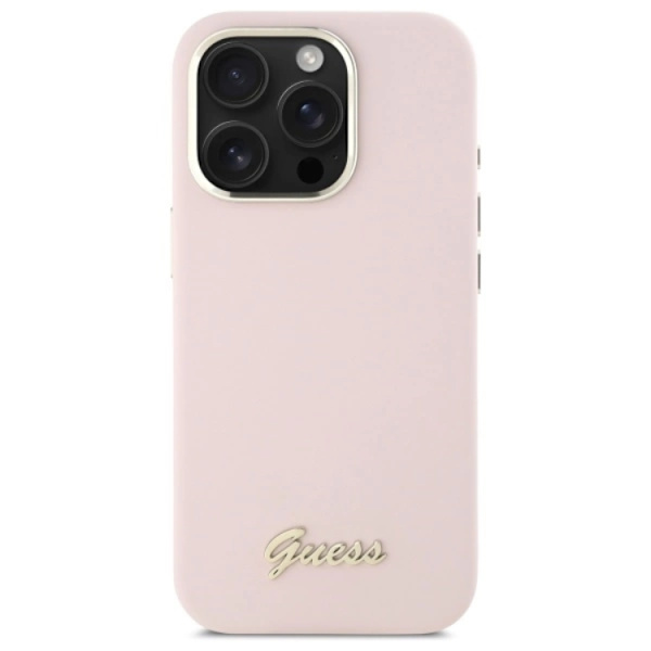 Guess Mobilskal till iPhone 16 Pro Max Silikon Script Metal Logo - Rosa Rosa