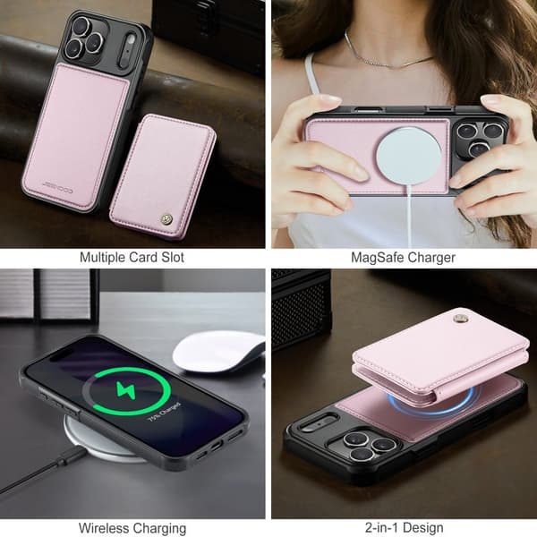JEEHOOD J05 Mobilskal till iPhone 17 Pro Läder med Magnetficka - Rosa