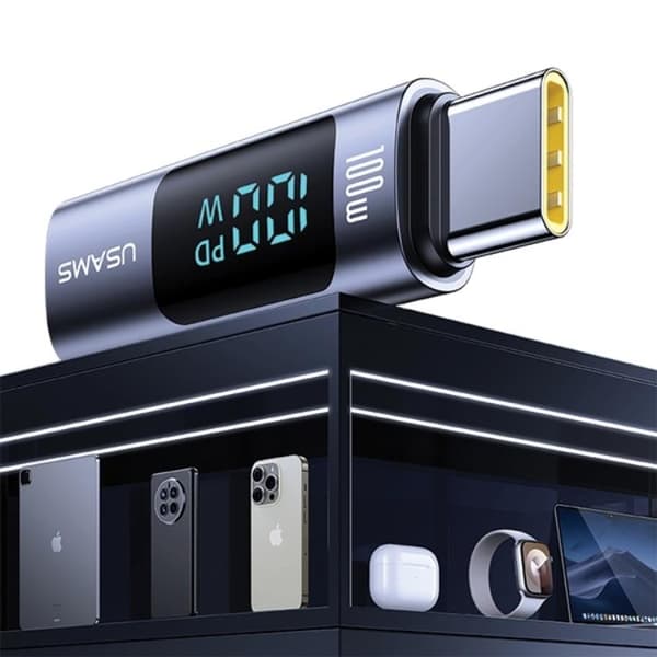 USAMS USB-C till USB-C Adapter 100W med Display - Stål