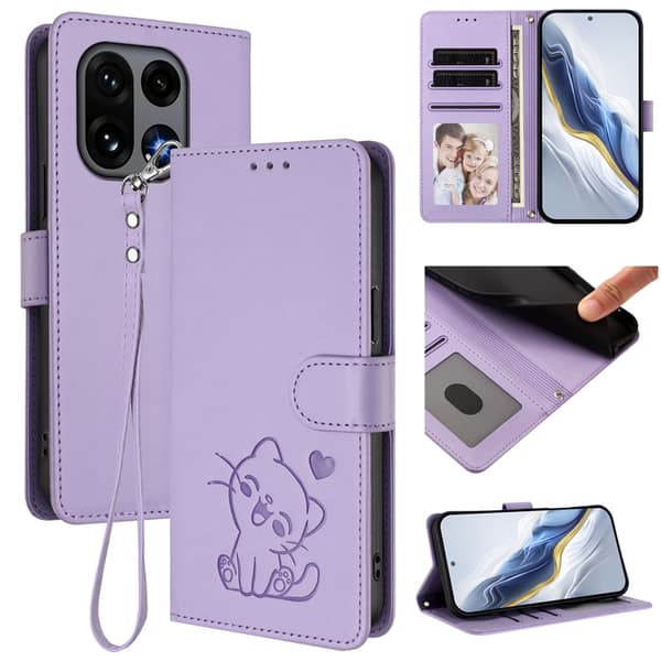 OnePlus 15 Konstläder Plånboksfodral Love Cat Pattern Imprint Lila