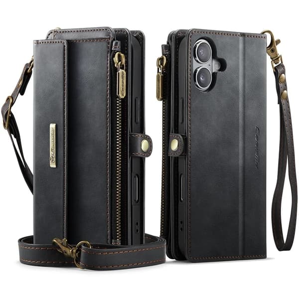 Caseme iPhone 16 Plus Konstläder Plånboksfodral RFID-Skydd Zipper - Svart Svart