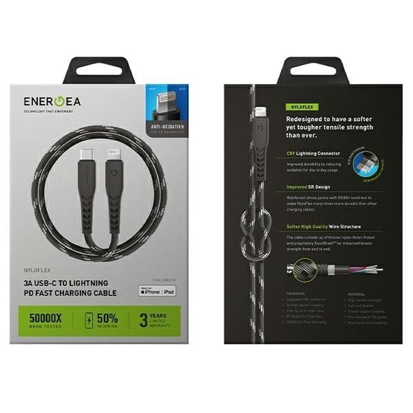 Energea USB-C til Lightning Kabel 3m MFI Nyloflex C94 - Sort Black