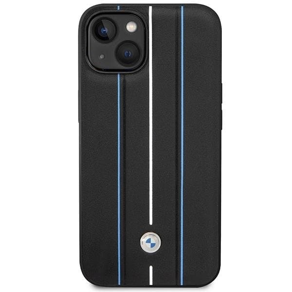 BMW Mobilskal till iPhone 14 Läder Stamp Blue Lines - Svart Black