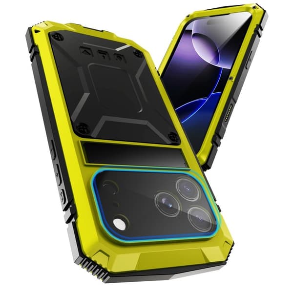 R-JUST Mobilskal till iPhone 17 Pro PC + Silikon + Metall Kickstand Gul