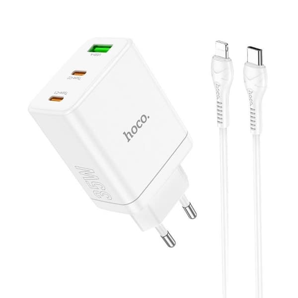 Hoco Vægoplader 35W 2xType C - USB A med Type-C til Lightning-kabel 1m Vit