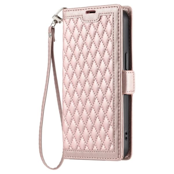 Samsung Galaxy S26 Plus Plånboksfodral Konstläder Rhombus Textur - Roséguld