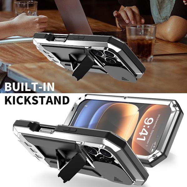 R-JUST Mobilskal till iPhone 16 Pro Kickstand Silicone+Metal+PC Silver