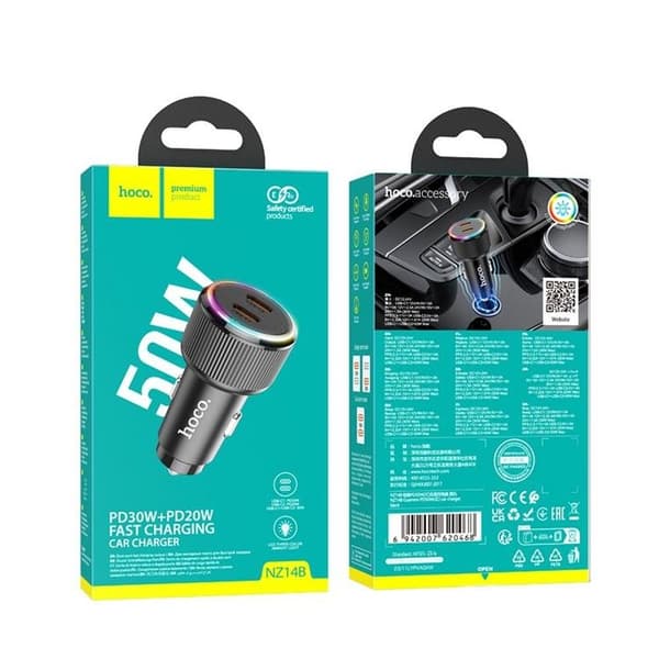 Hoco Biloplader 2xUSB-C 50W NZ14B - Sort Black