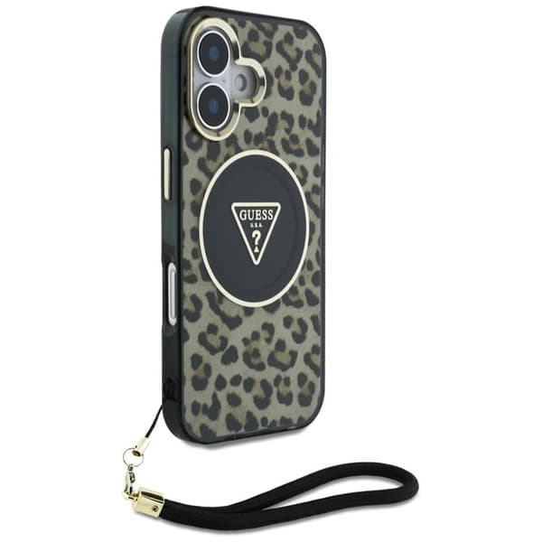 Guess Mobilskal till iPhone 16 MagSafe IML Leopard Triangle Cord Strap - Brun Brun