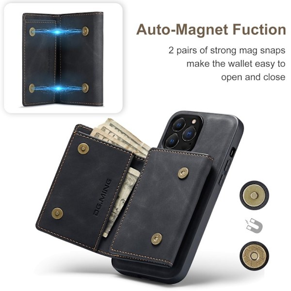 DG.MING iPhone 16 Pro Konstläder Plånboksfodral Kickstand Svart