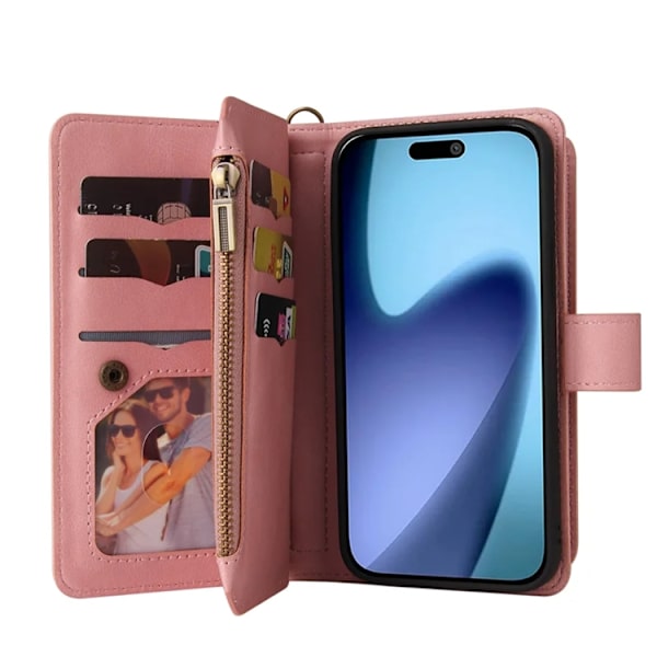 iPhone 17 Air Konstläder Plånboksfodral Zipper Rem Rosa