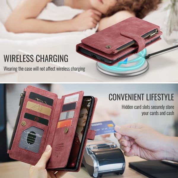 CASEME Konstläder Plånboksfodral för Samsung Galaxy S25 FE med rem - Röd