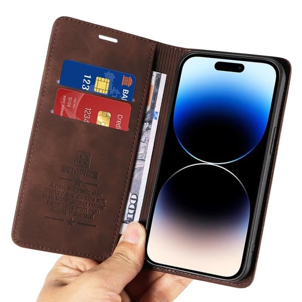 BETOPNICE 003 iPhone 15 Pro Max Plånboksfodral TPU + Konstläder - Brun