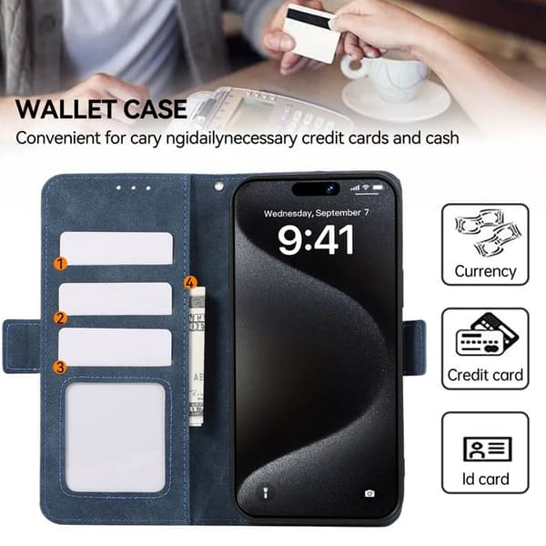 ABEEL iPhone 15 Pro Max Plånboksfodral Konstläder Ställ RFID Skydd - Blå