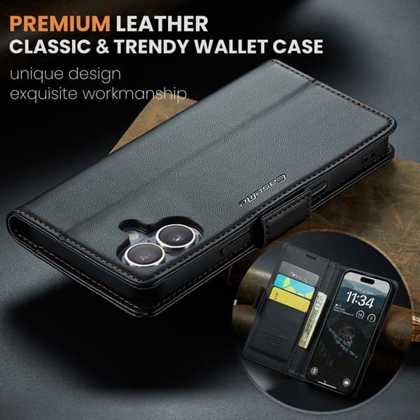 CASEME iPhone 16 Plånboksfodral Konstläder RFID-Skydd Svart