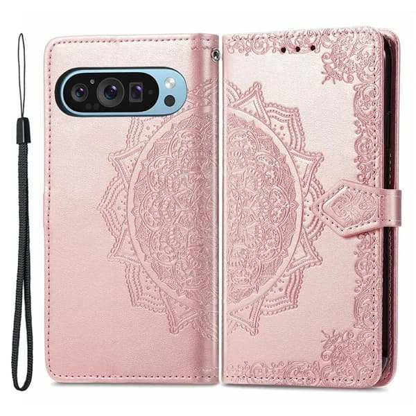 Google Pixel 10/10 Pro Konstläder Plånboksfodral Mandala Flower - Roséguld Roséguld
