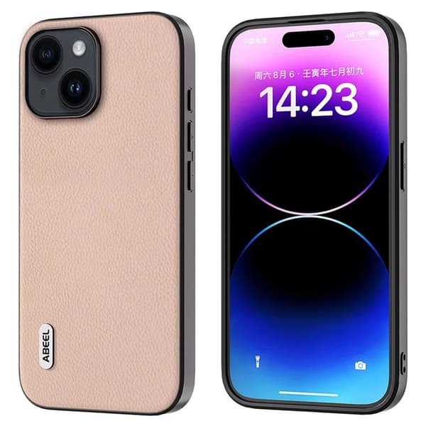 ABEEL Mobilskal till iPhone 15 Äkta Läder Litchi - Rosa Rosa