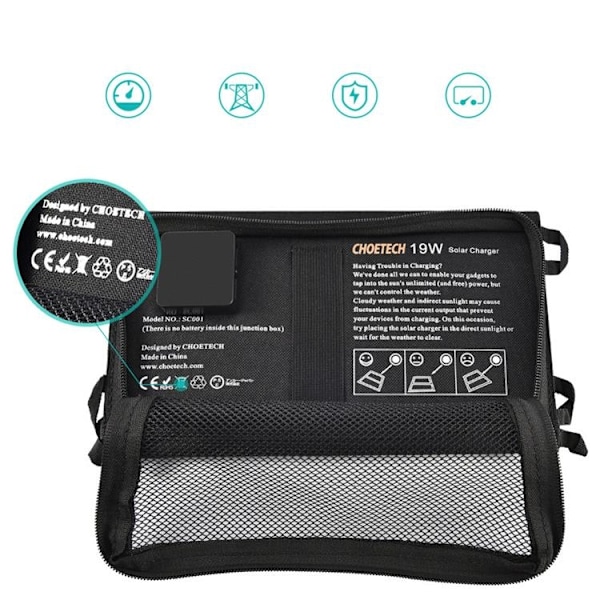 Choetech Foldable 2x USB Solladdare 19W - Svart Svart