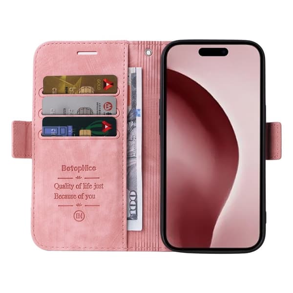 BETOPNICE 001 iPhone 16 Pro Plånboksfodral Konstläder - Rosa