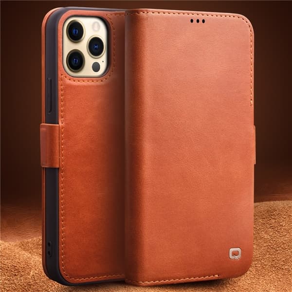 QIALINO iPhone 12 mini Plånboksfodral Äkta Läder Magnetisk Brun