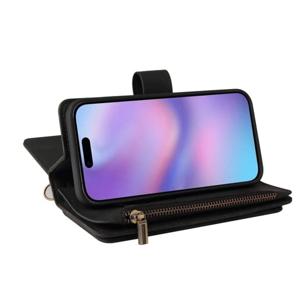 iPhone 17 Konstläder Plånboksfodral Zipper Rem Svart