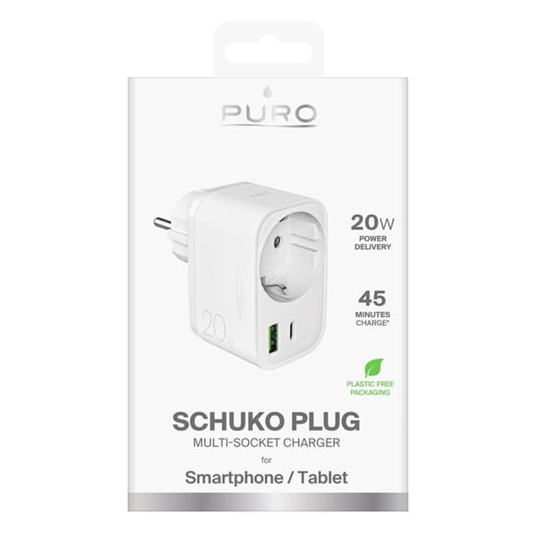 Puro Hurtigoplader 20W USB-C - USB-A med Schuko-stik - Hvid Vit