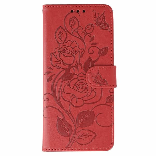 Oppo Find X9 Pro 5G Plånboksfodral Konstläder Tryckt Rosfjäril - Röd