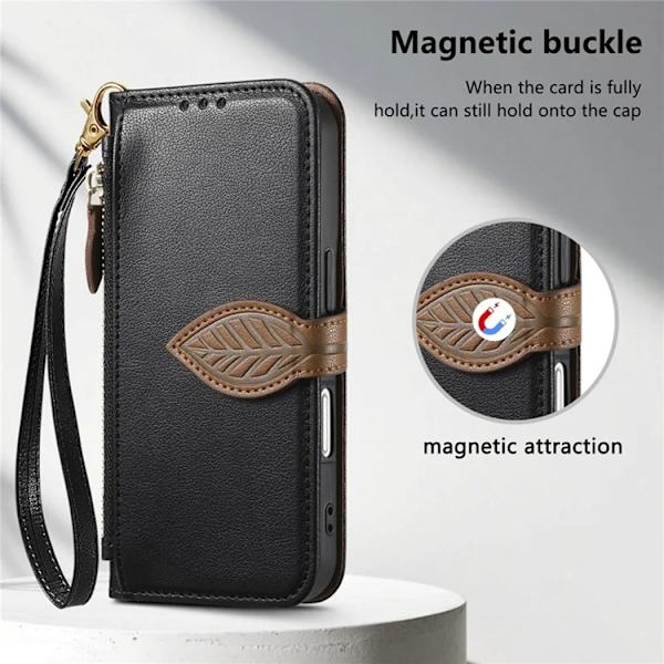 iPhone 17 Pro Plånboksfodral Leaf Magnetiskt Spänne Konstläder Svart