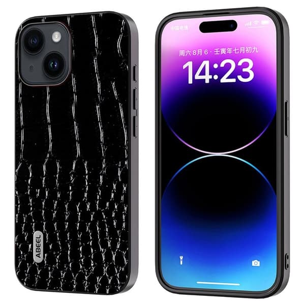 ABEEL Mobilskal till iPhone 15 Plus Äkta Läder Krokodiltextur Svart