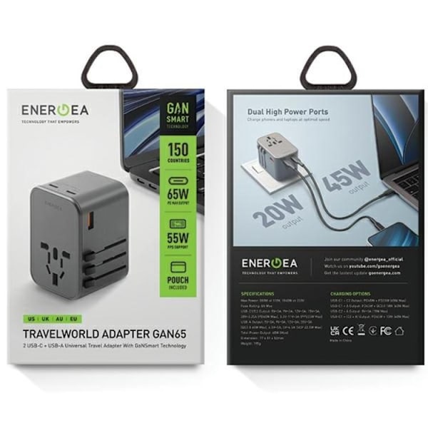 Energea Reseladdare 65W 2xUSB-C 1xUSB-A PD-PPS-QC 3.0 Grå